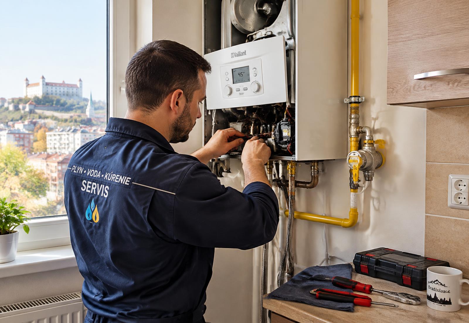 Technik S.G.Montex pri servise plynového kotla